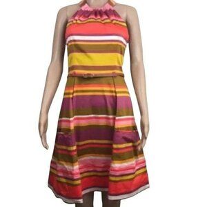 New Directions Women's Halter dress belted front pockets striped size 8